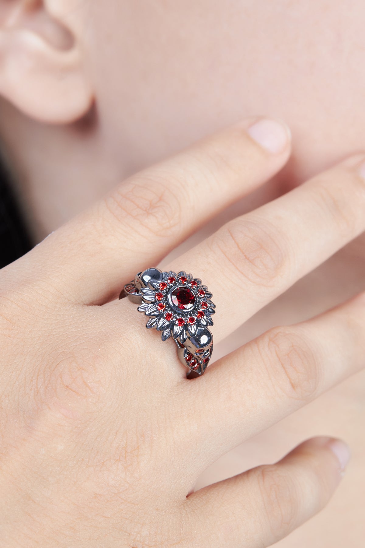 Skull Flower Engagement Ring Gothic Skull Ring Silver Gun Metal