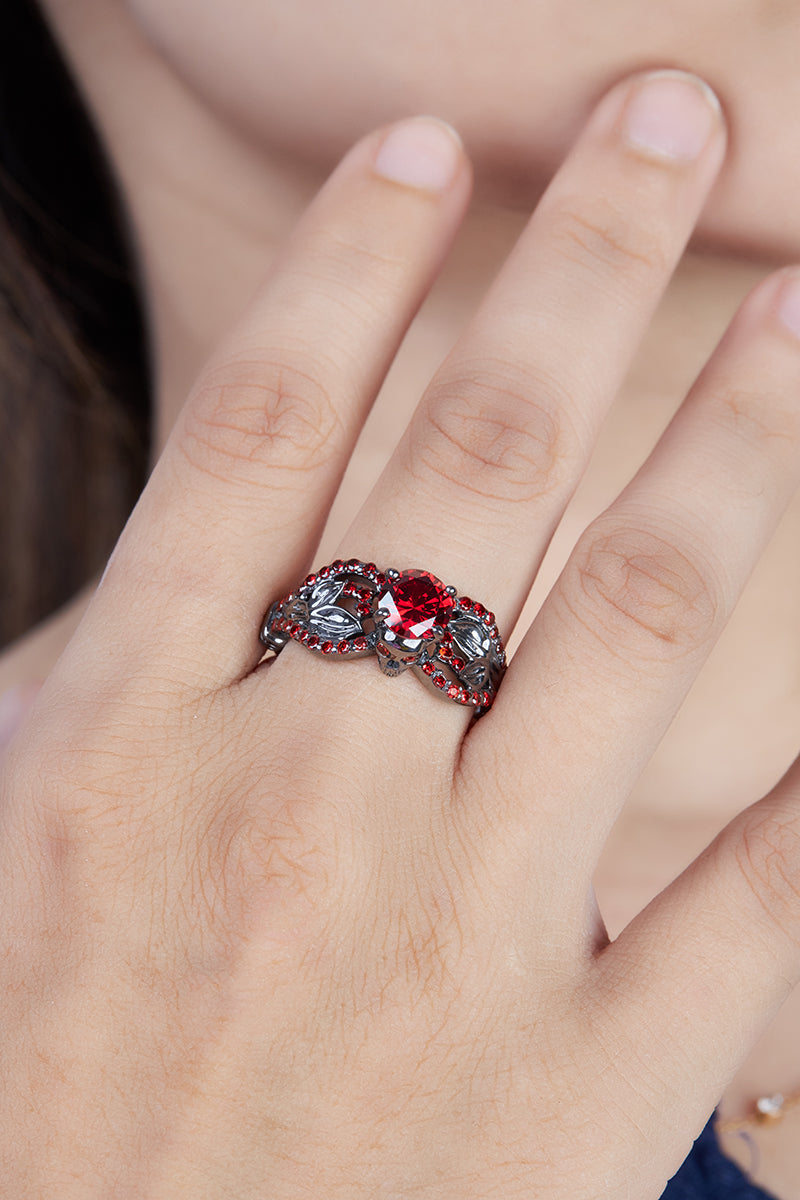 Leaf Skull Engagement Ring Red Garnet Gothic Skull Ring Silver