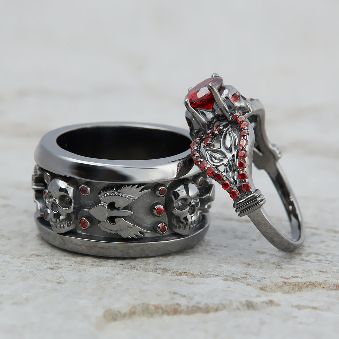 Dark Skull Engagement Ring Set