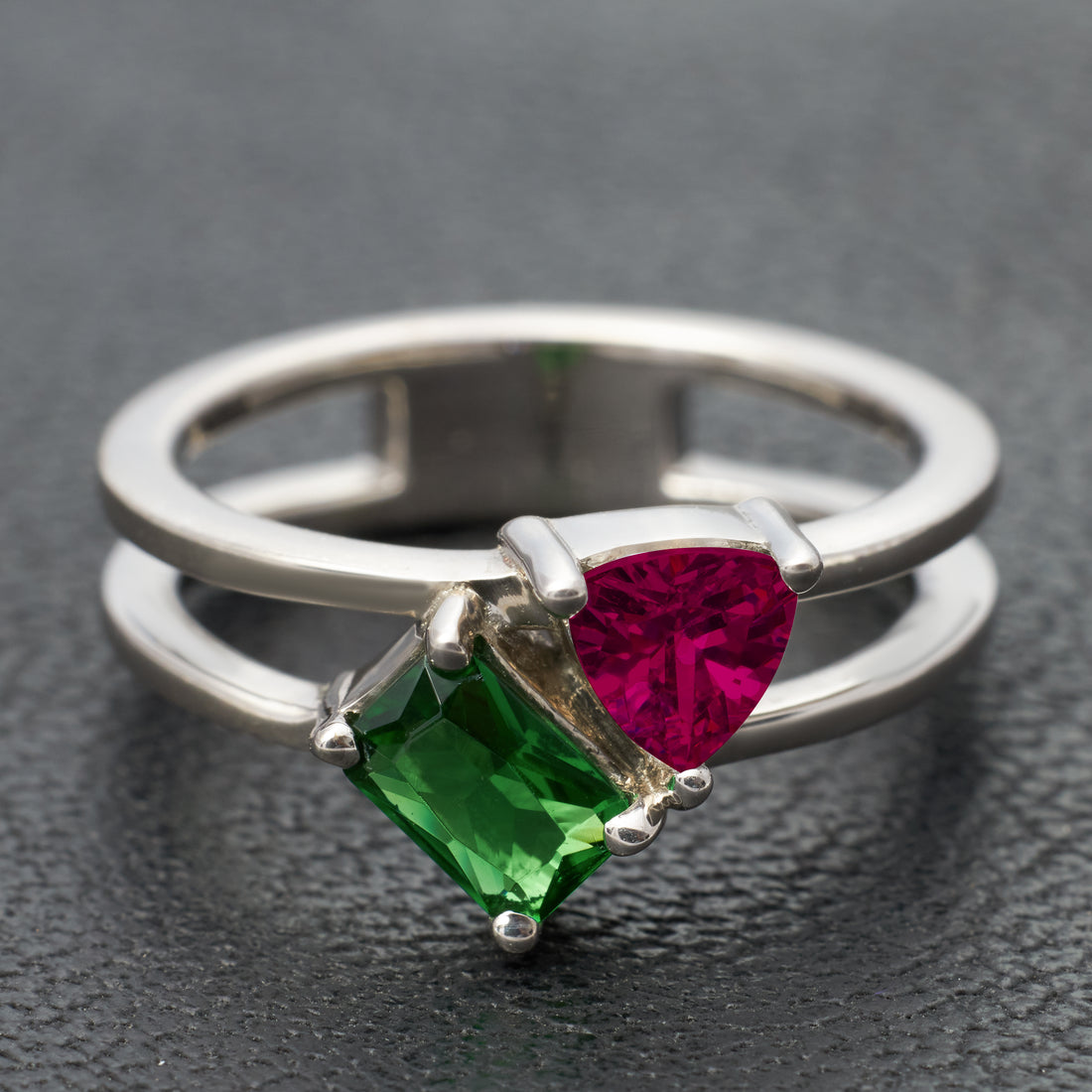 Toi et Moi Ring Natural Green Emerald and Pink Ruby 2 Birthstone