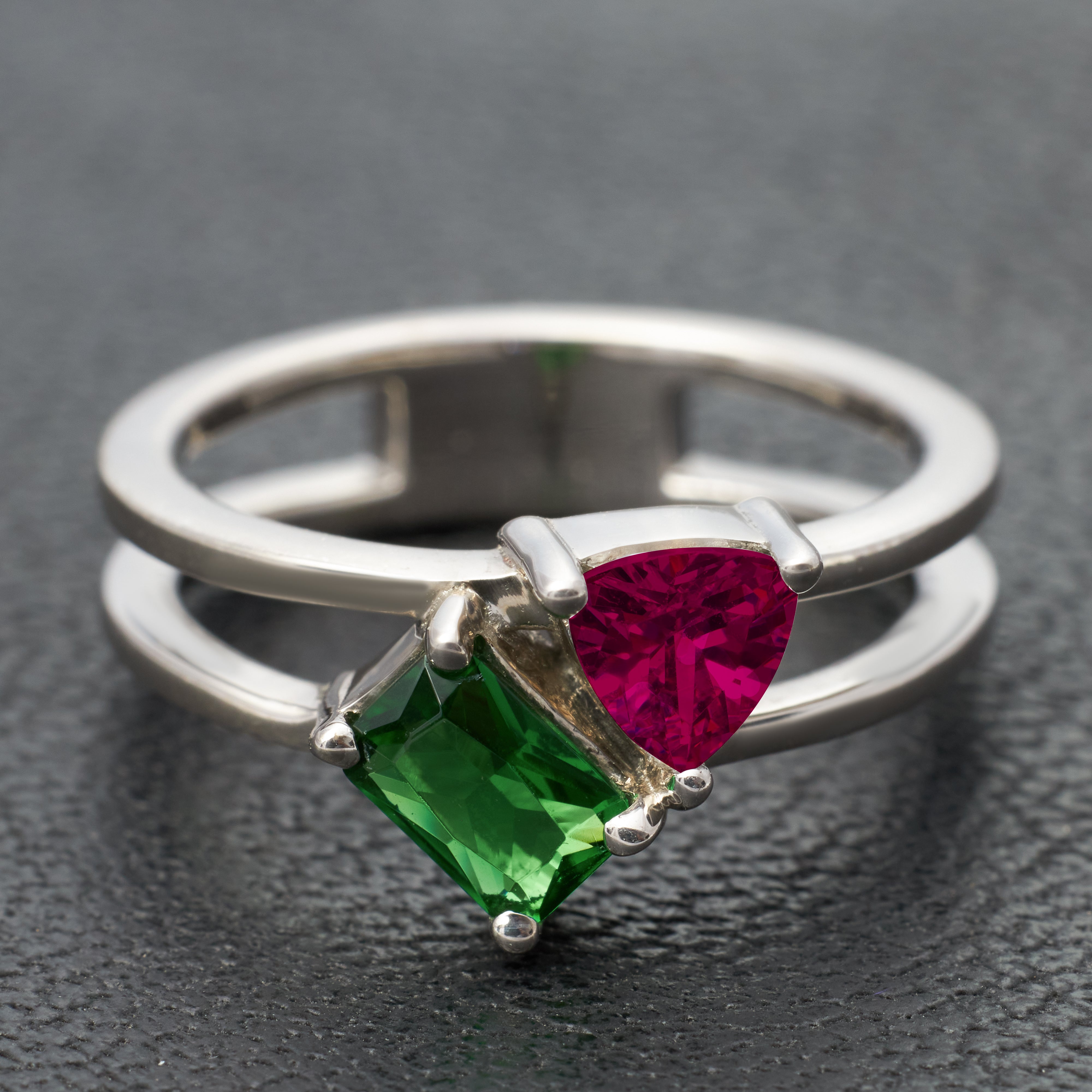 Toi et Moi Ring Natural Green Emerald and Pink Ruby 2 Birthstone