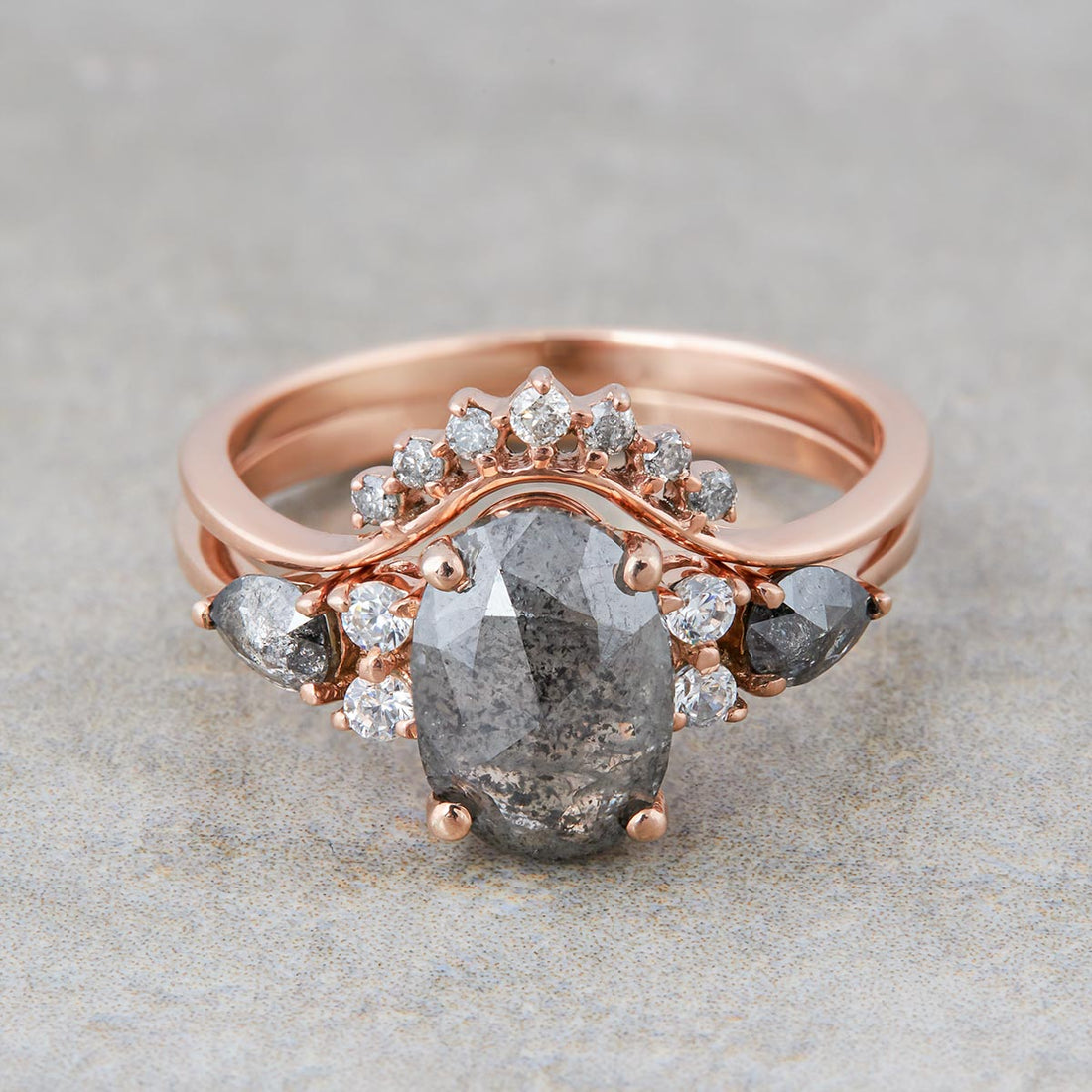 Oval Salt and Pepper Diamond Ring Set