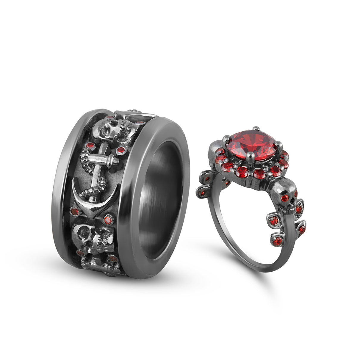 His and Her Skull Wedding Ring Set Gothic Couple Rings Matching
