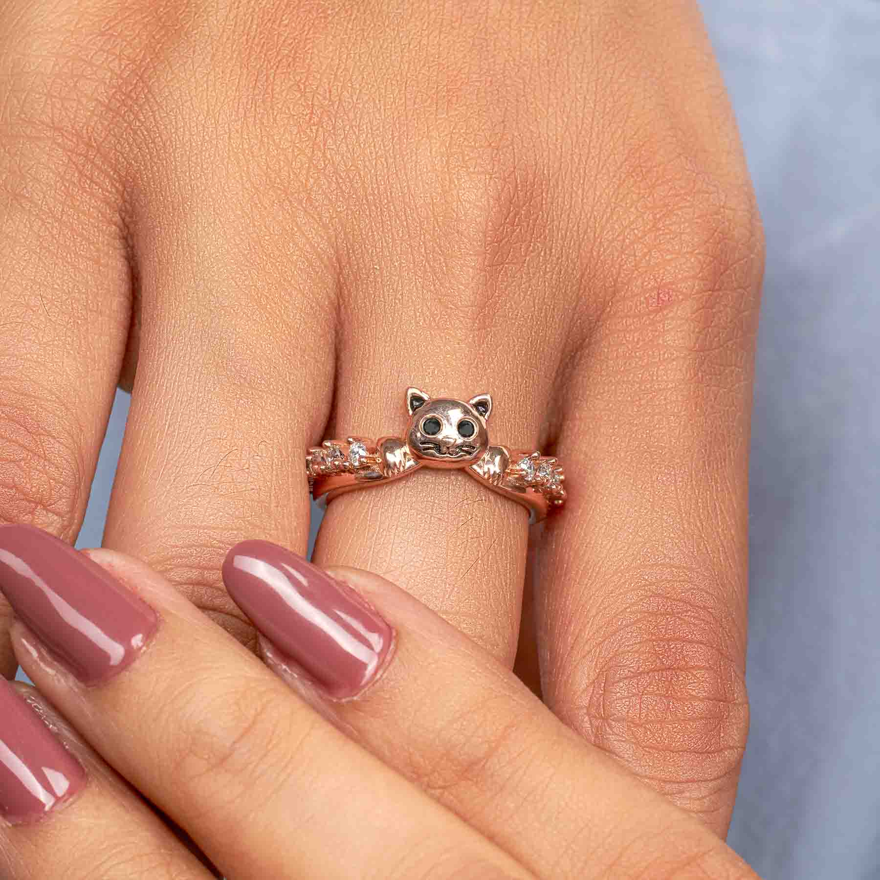 Diamond Cat Wedding Band Cute Kitty Cat Jewelry Stacking Band Sterling Silver Rose Gold White Gold