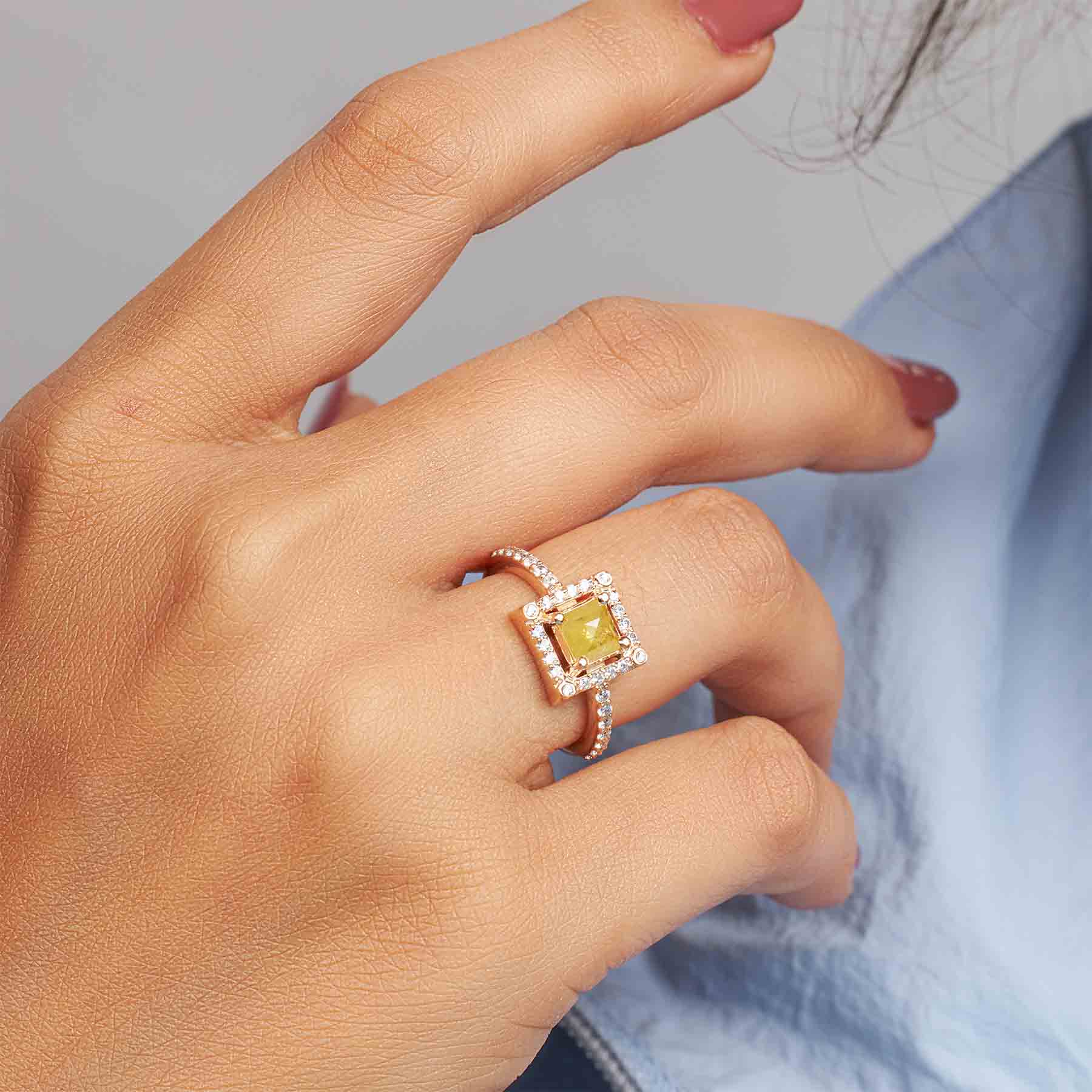 Princess Rose Cut Yellow Natural Rustic Diamond Ring for Women