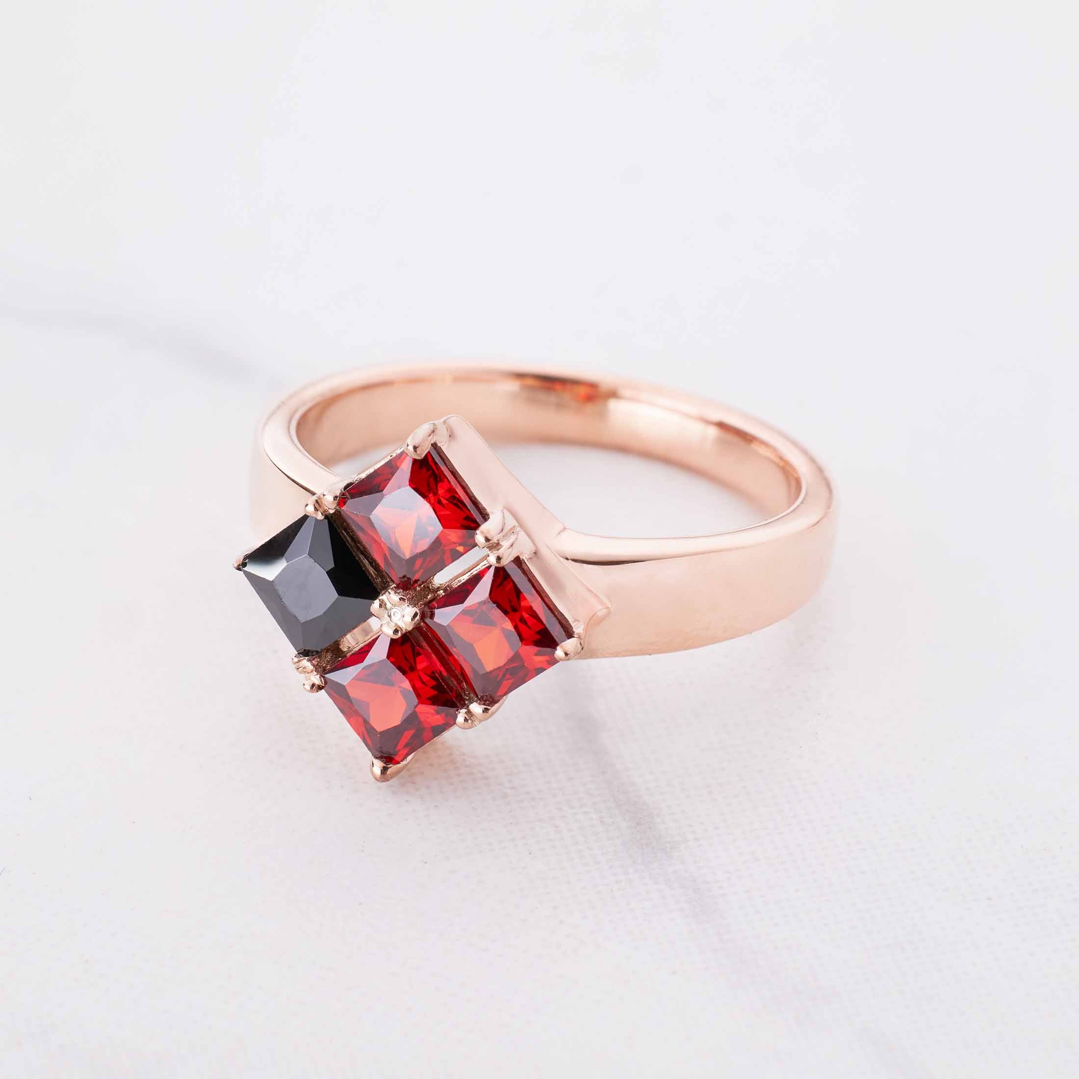 Princess Cut Engagement Ring Red Garnet and Black Spinel Natural Gemstone Rose Gold Gothic Promise Wedding
