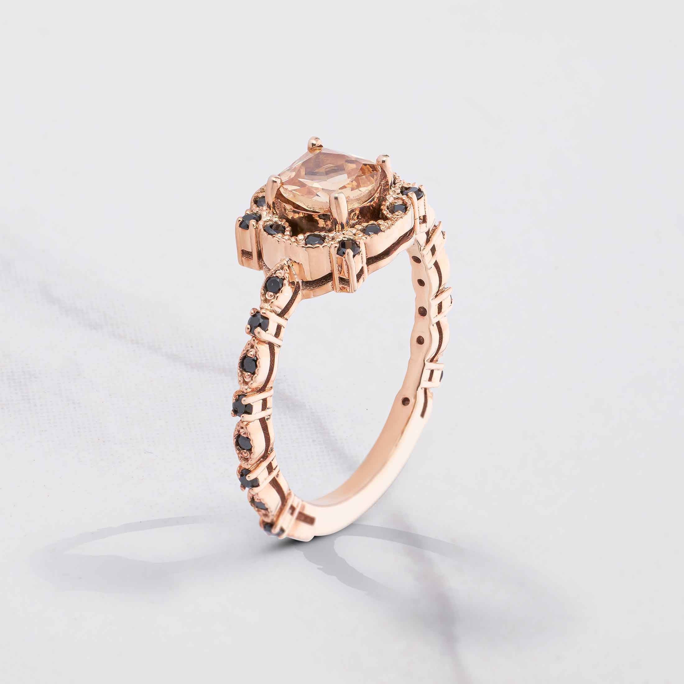 Vintage Engagement Ring Set 14k Rose Gold Cushion Cut CZ