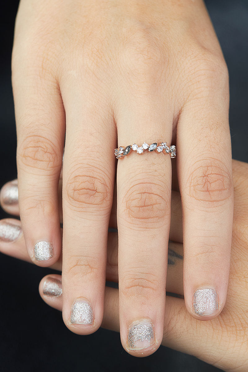Natural Salt and Pepper Diamond Wedding Band Grey Galaxy Diamond Anniversary Band White Gold Eternity Promise Ring Marquise Round Cut Moissanite