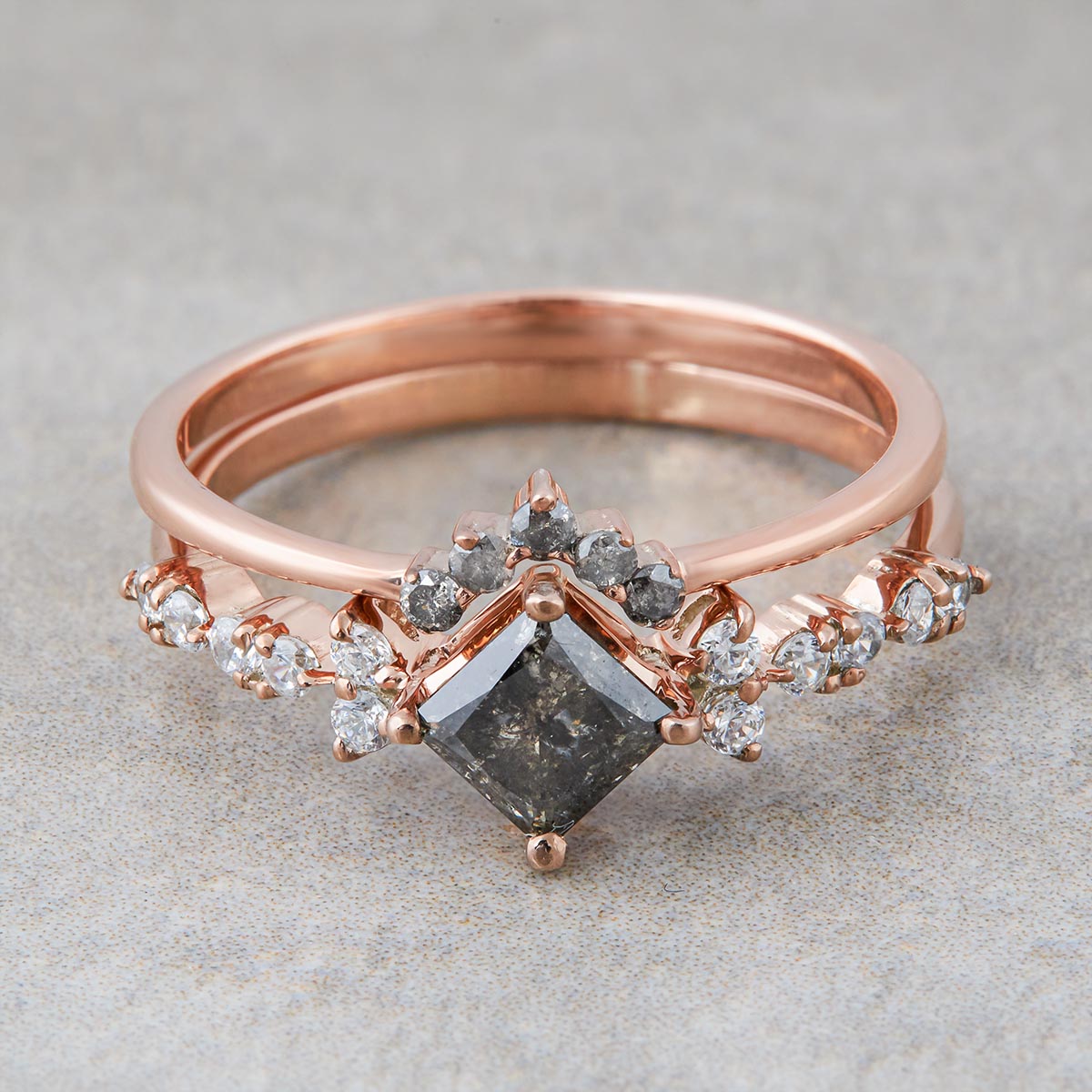 Princess Salt and Pepper Diamond Ring Set