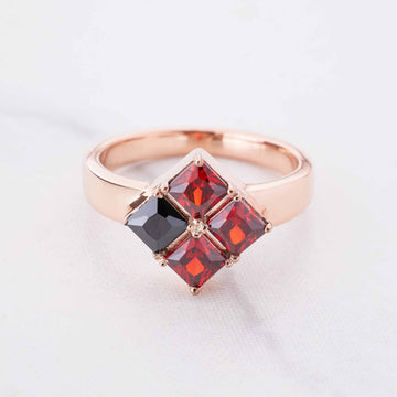Princess Cut Engagement Ring Red Garnet and Black Spinel Natural Gemstone Rose Gold Gothic Promise Wedding