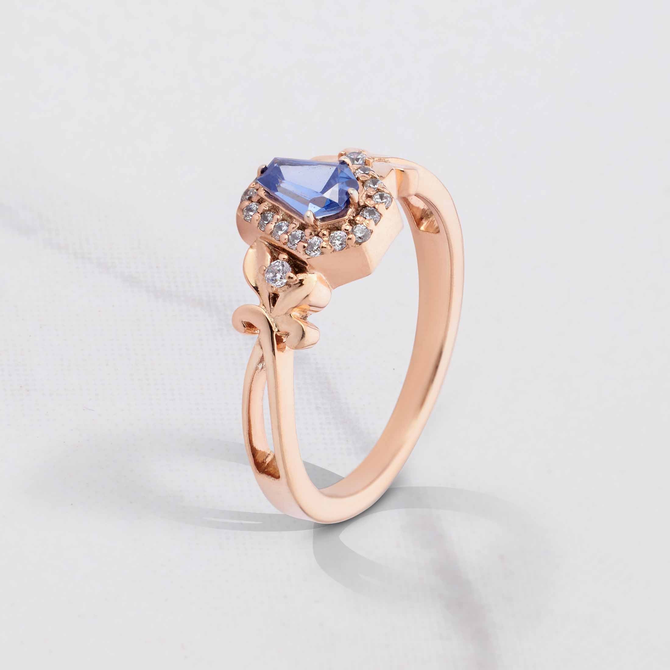 Art Nouveau Coffin Ring Blue Titanic Gemstone Engagement Rings Rose Gold