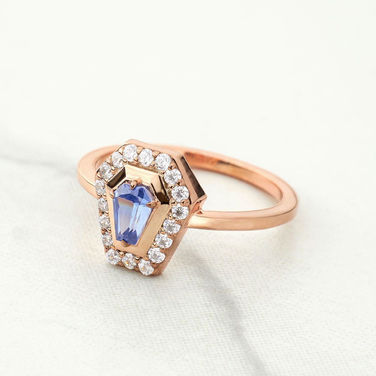 Coffin Shape Wedding Engagement Ring Blue Titanic Gemstone Coffin Rings Gothic Sterling Silver Rose White Gold