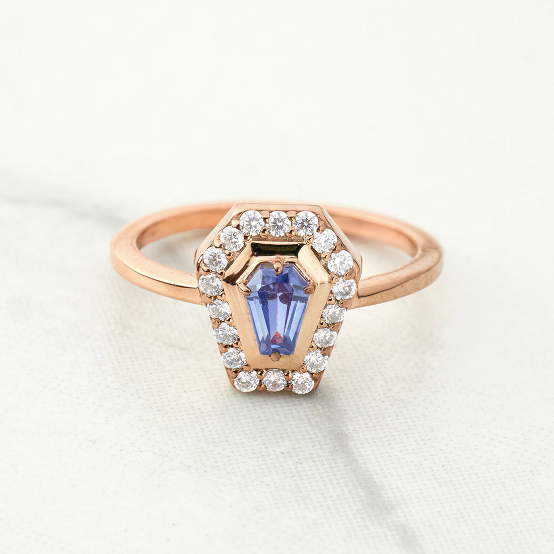 Coffin Shape Wedding Engagement Ring Blue Titanic Gemstone Coffin Rings Gothic Sterling Silver Rose White Gold