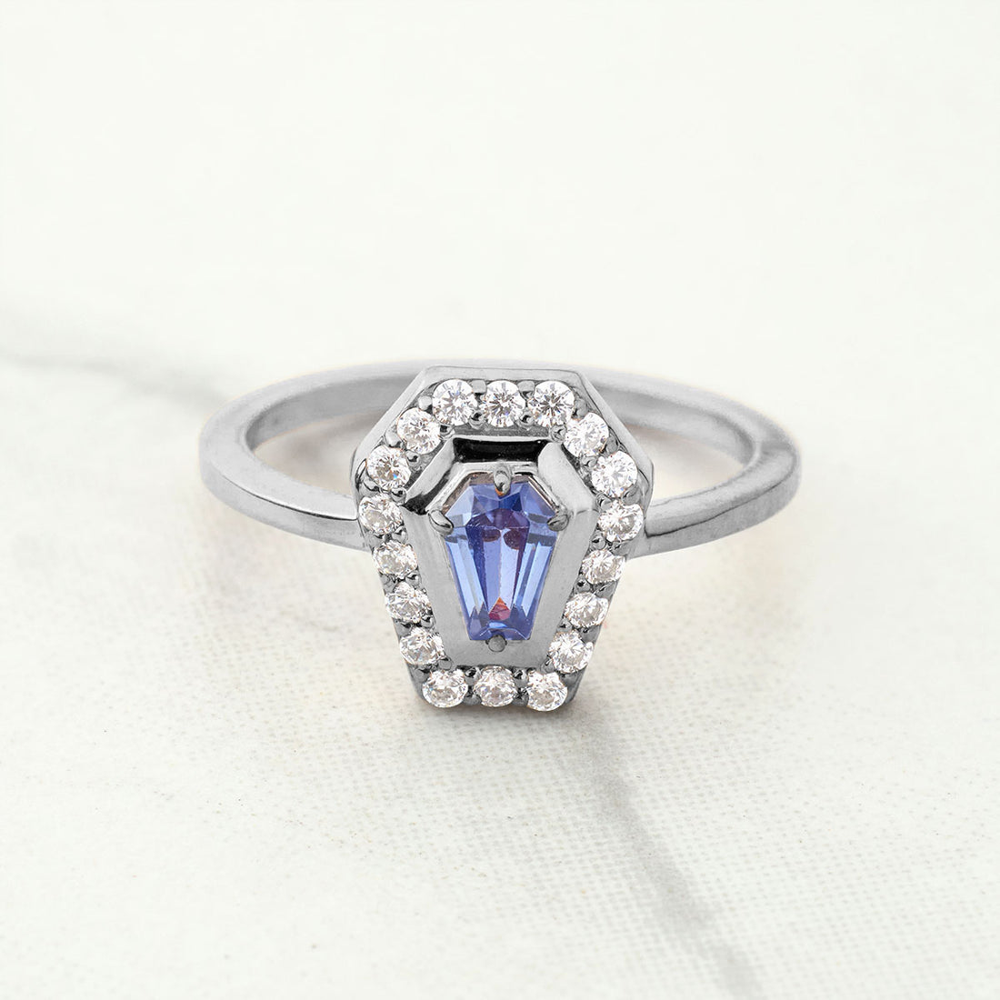 Coffin Shape Wedding Engagement Ring Blue Titanic Gemstone Coffin Rings Gothic Sterling Silver Rose White Gold