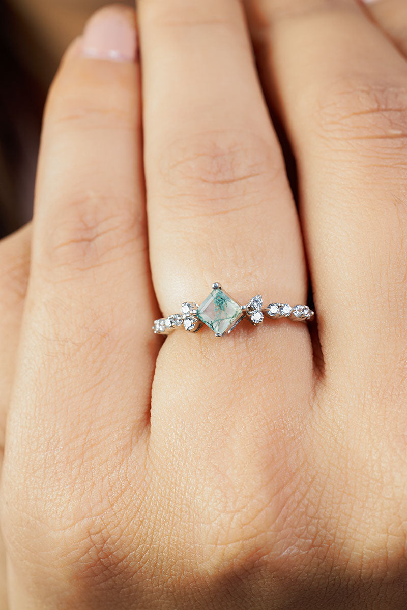 Princess Cut Moss Agate Promise Ring