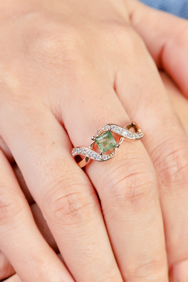 Natural Moss Agate Promise Ring Princess Cut Engagement Ring