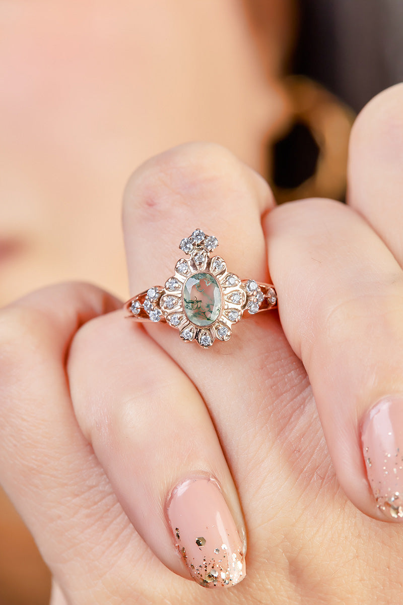Moissanite And Moss Agate Engagement Ring