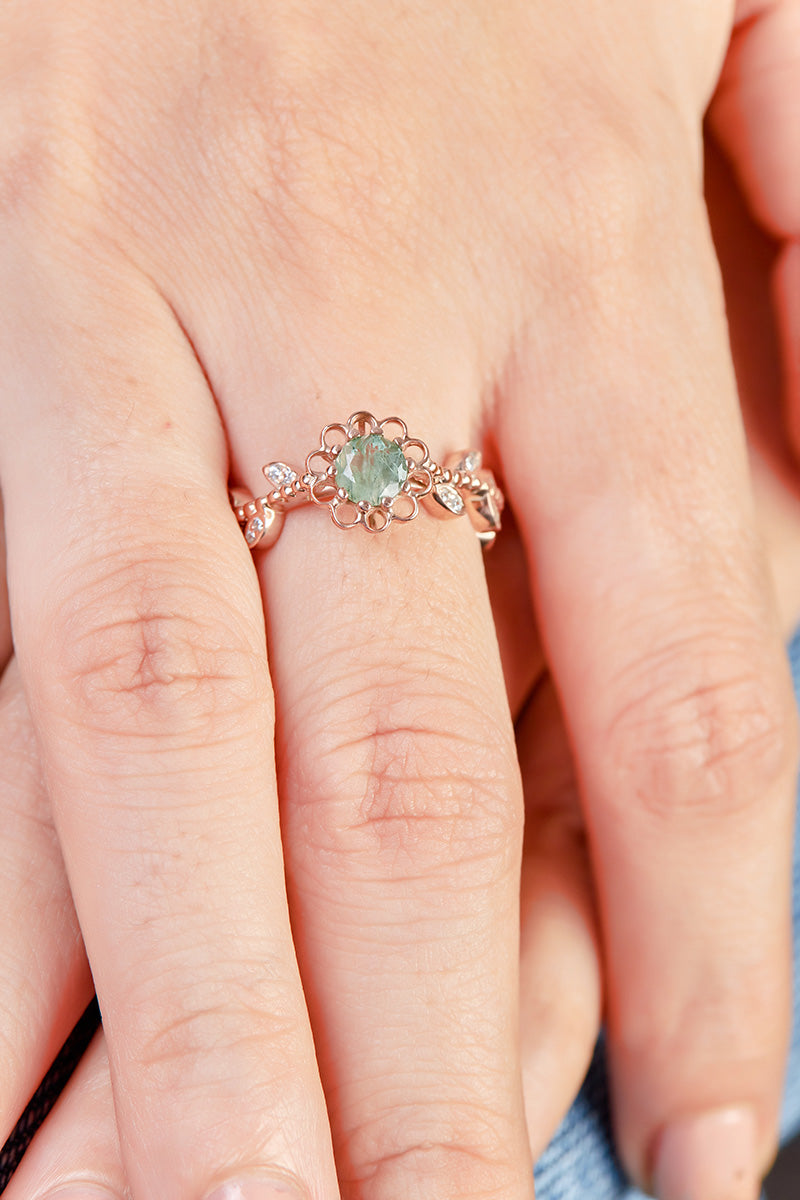Moss Agate Flower Engagement Ring Set