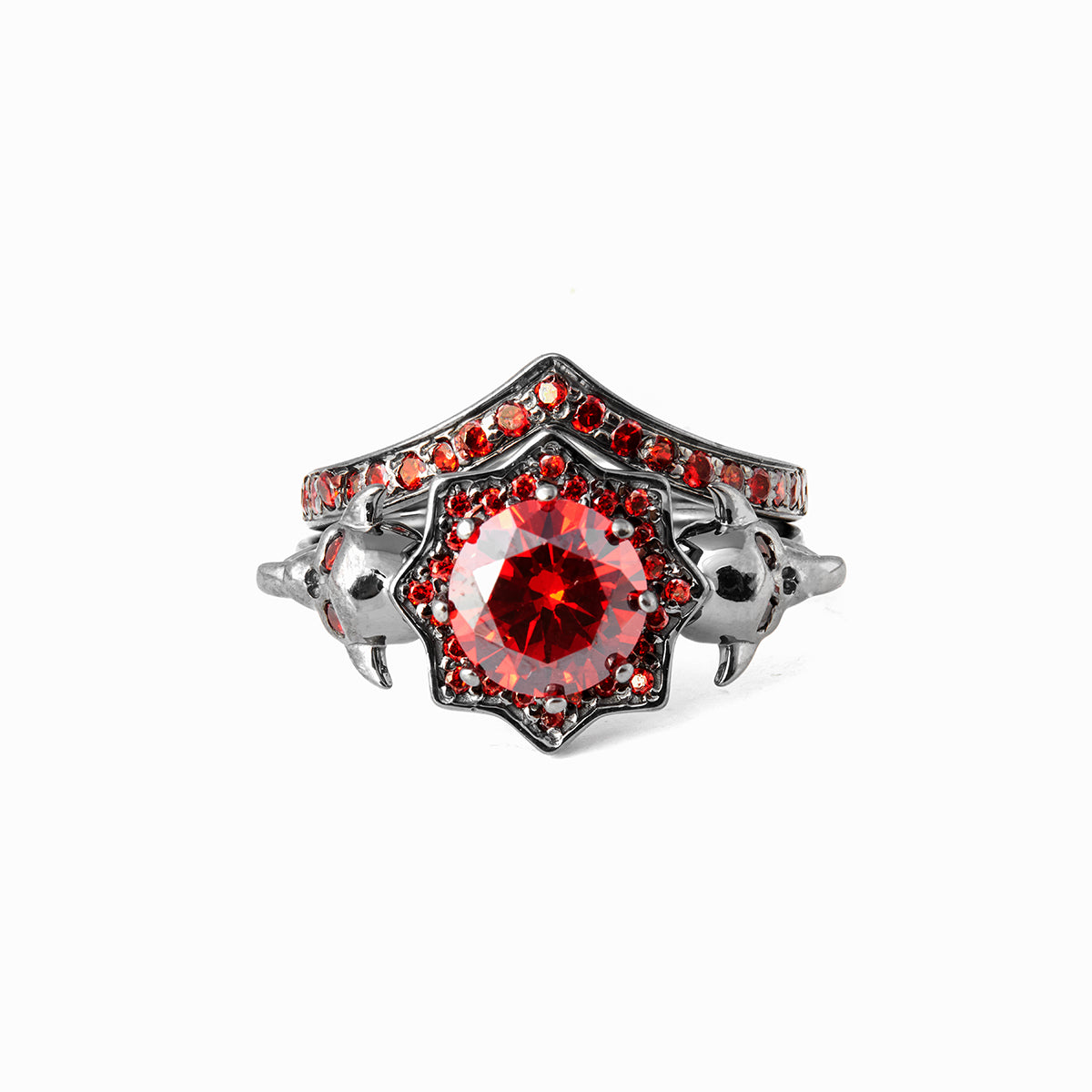 Vampire Skull Ring Set Red Garnet Gothic Skull Engagement Ring