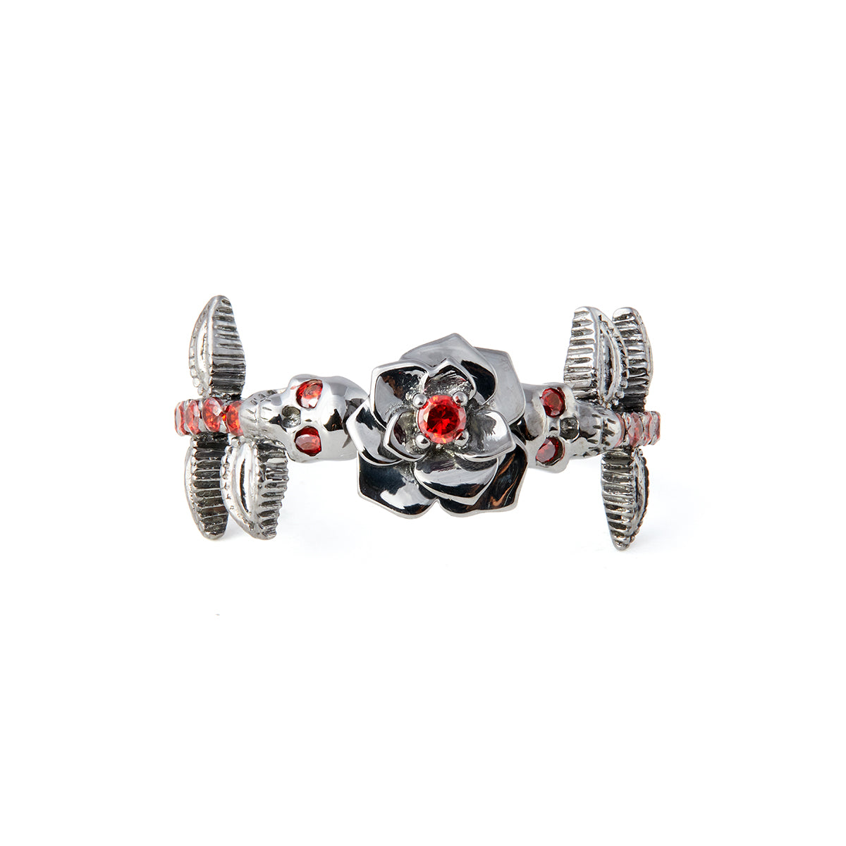 Rose Skull Engagement Ring Red Garnet Flower Gothic Gun Metal