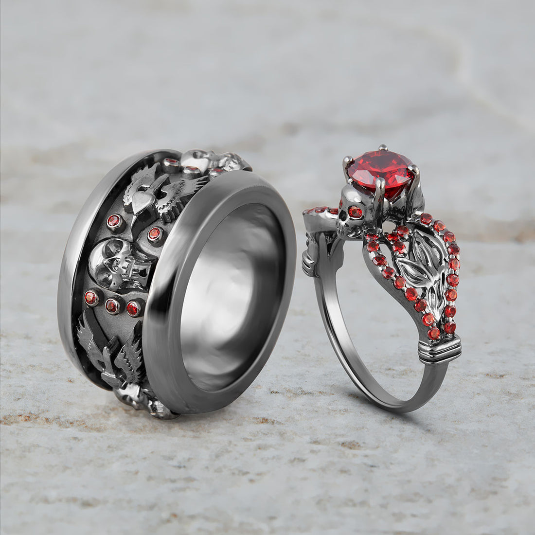 Dark Skull Engagement Ring Set