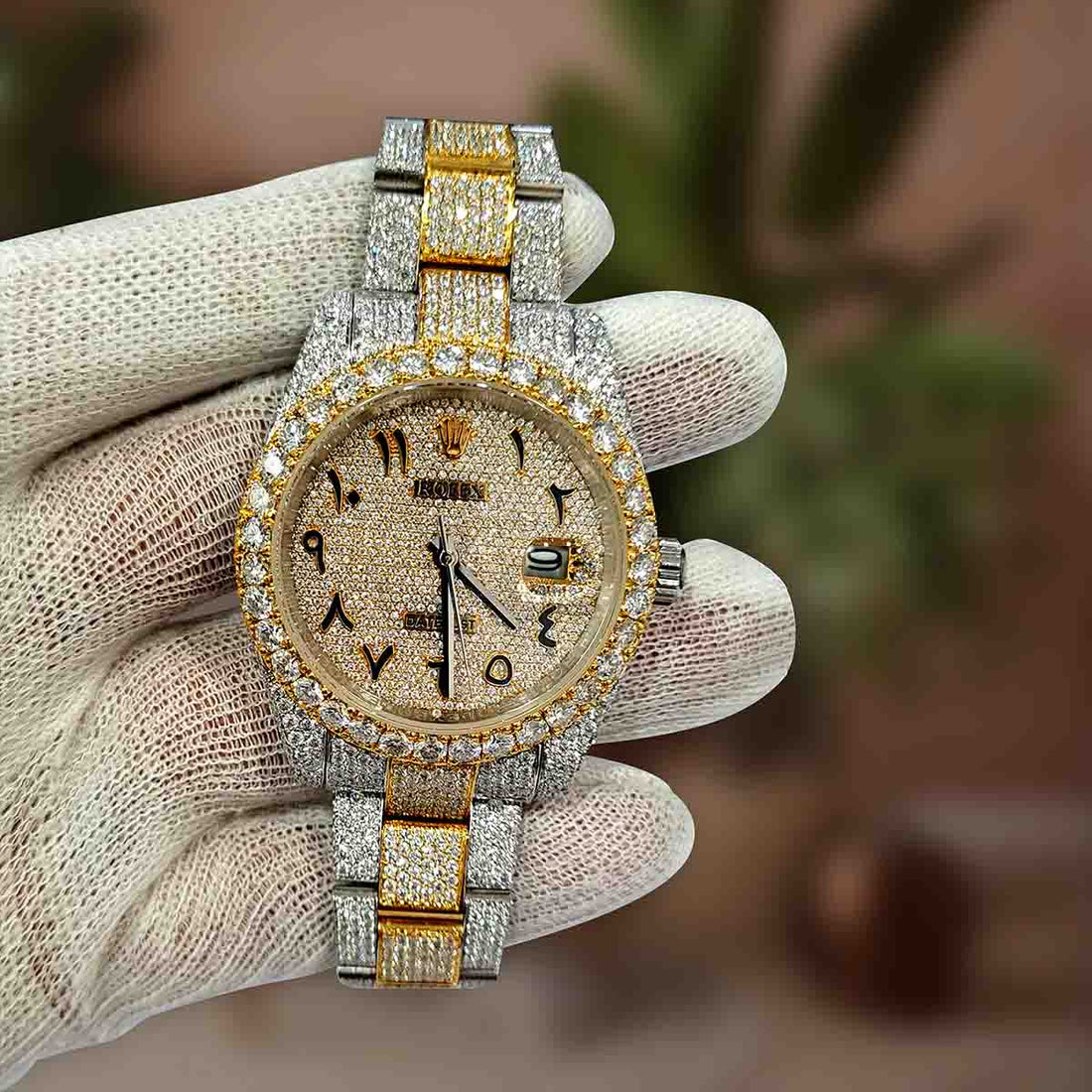 Rolex Watch Iced Out Two Tone Rolex Day Date Arabic Dial CZ Moissanite Diamond Studded