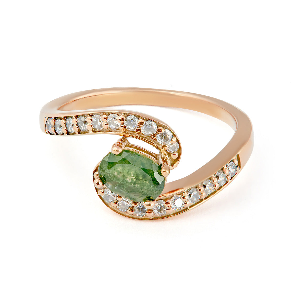 Elegant rose gold bypass ring featuring an oval green gemstone cradled by swirling bands of pave-set diamonds.