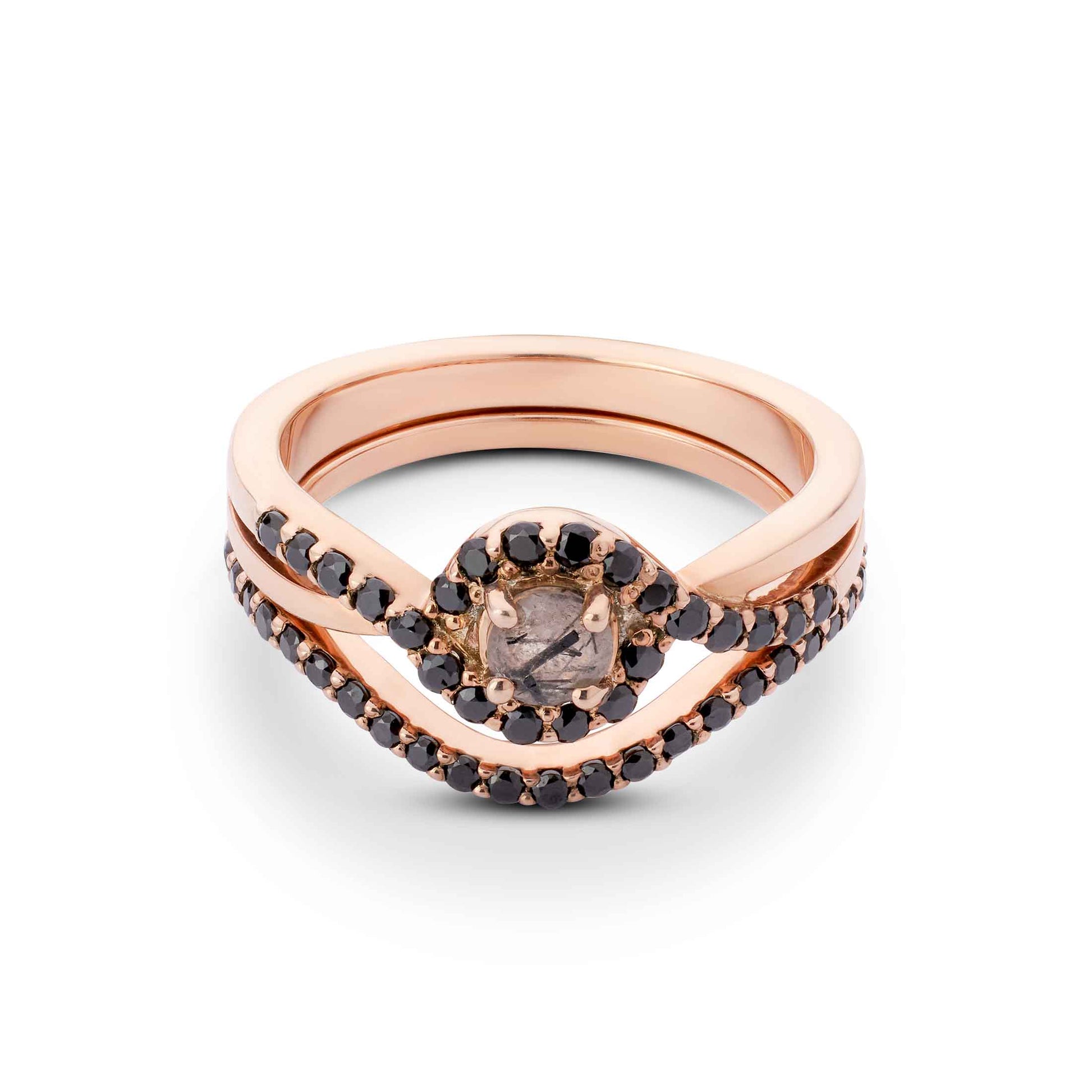 Bridal set with a salt and pepper diamond halo and a curved black diamond band.