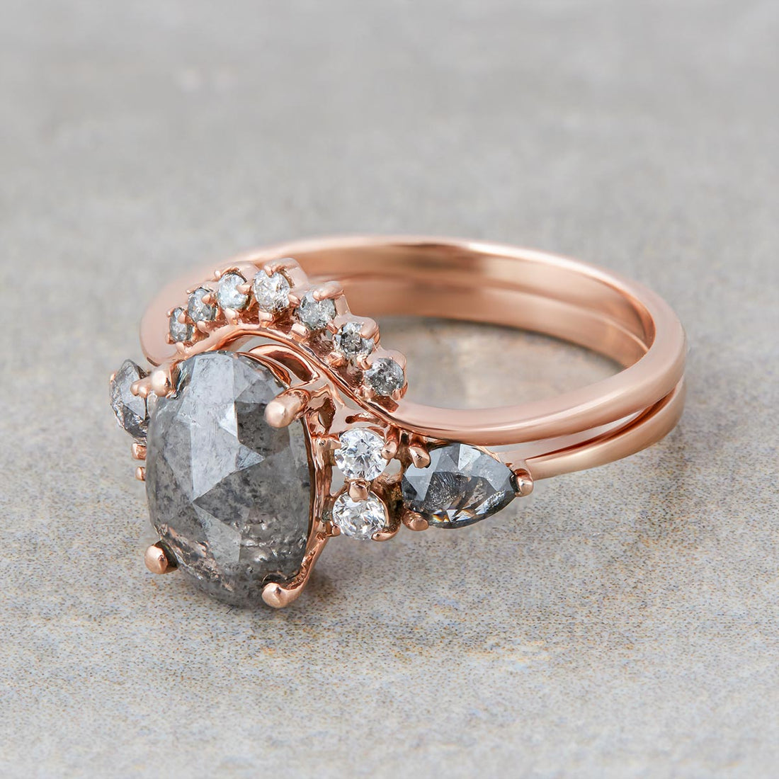Oval Salt and Pepper Diamond Ring Set