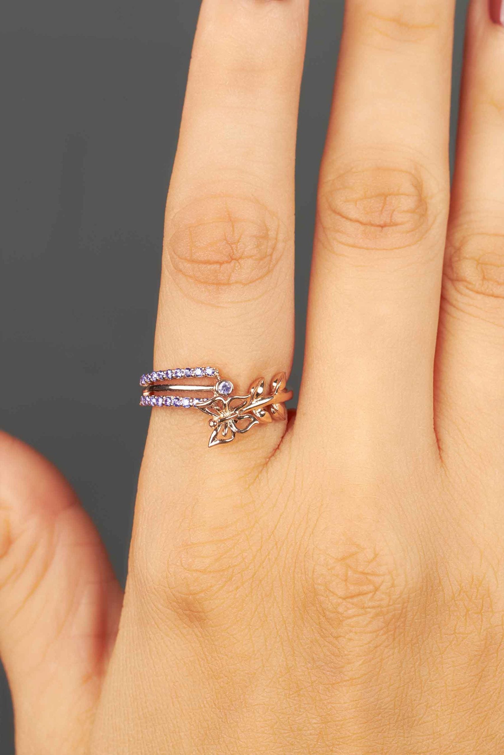 Butterfly Ring Purple Natural Amethyst Rose Gold Engagement Rings Nature Inspired Jewelry