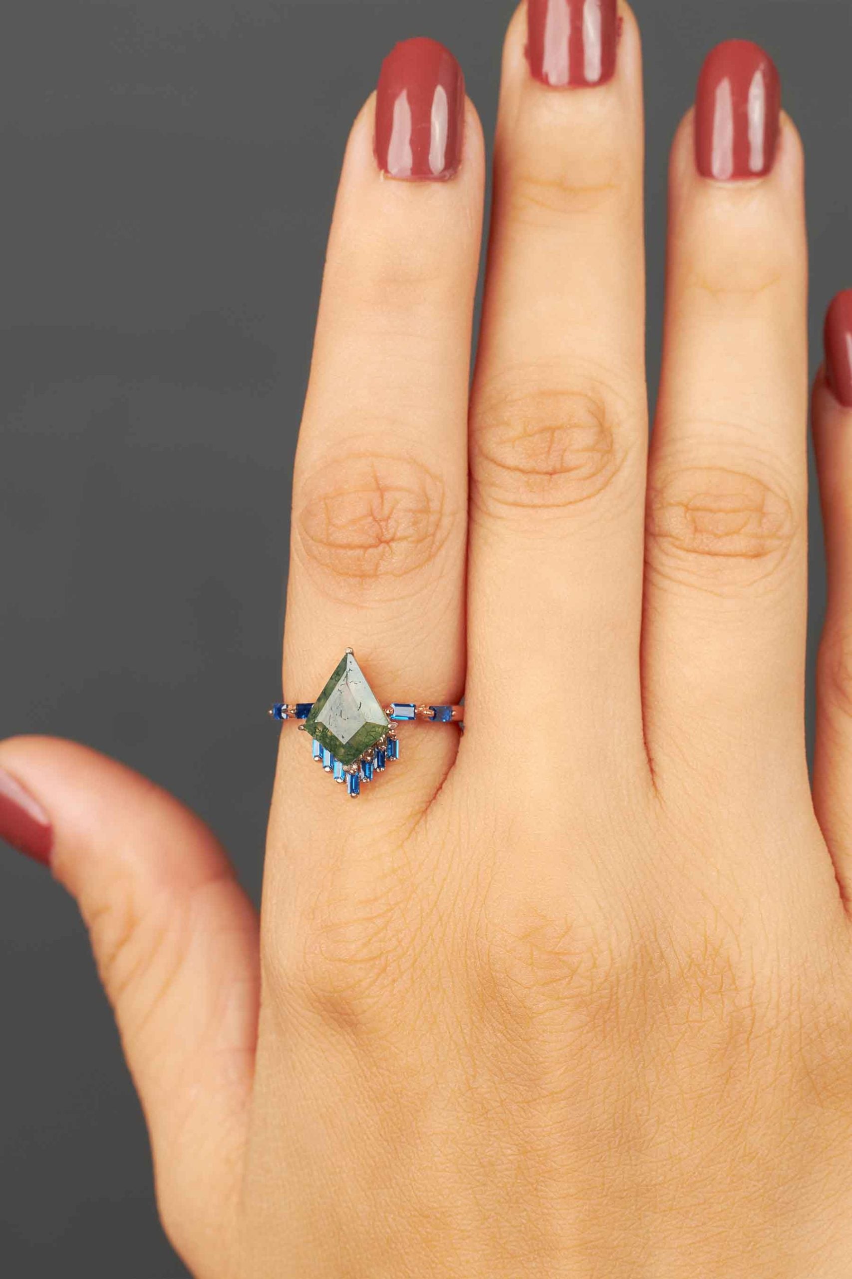 Kite Cut Moss Agate Ring Rose Gold Statement Engagement Rings