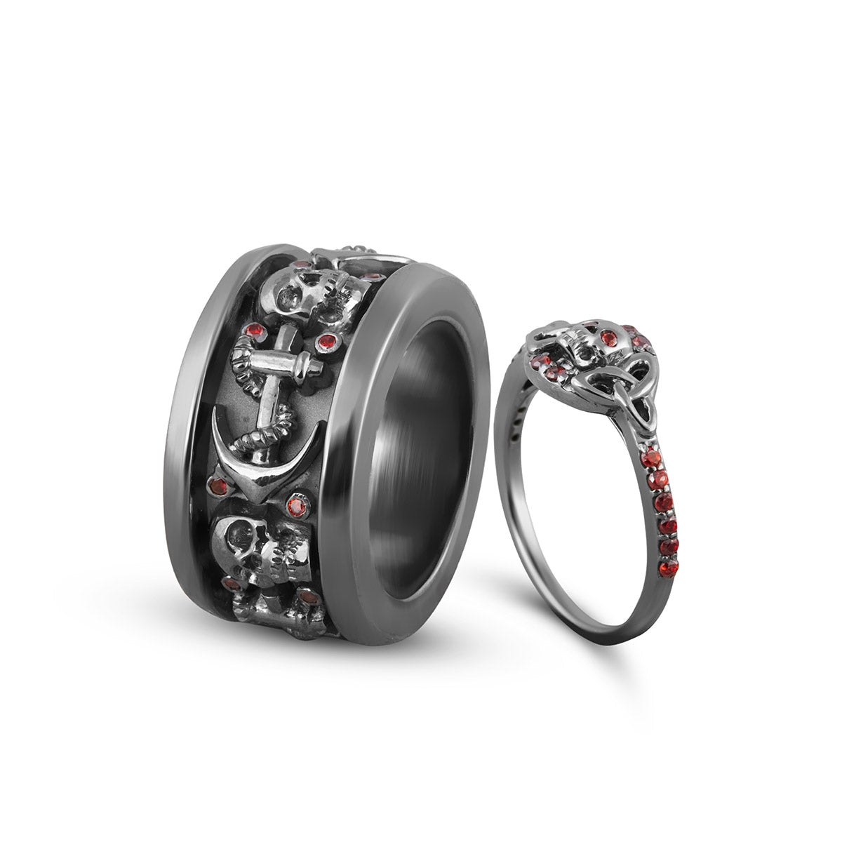 His and Her Skull Couple Rings Set Anchor Trinity Gun Metal Fn