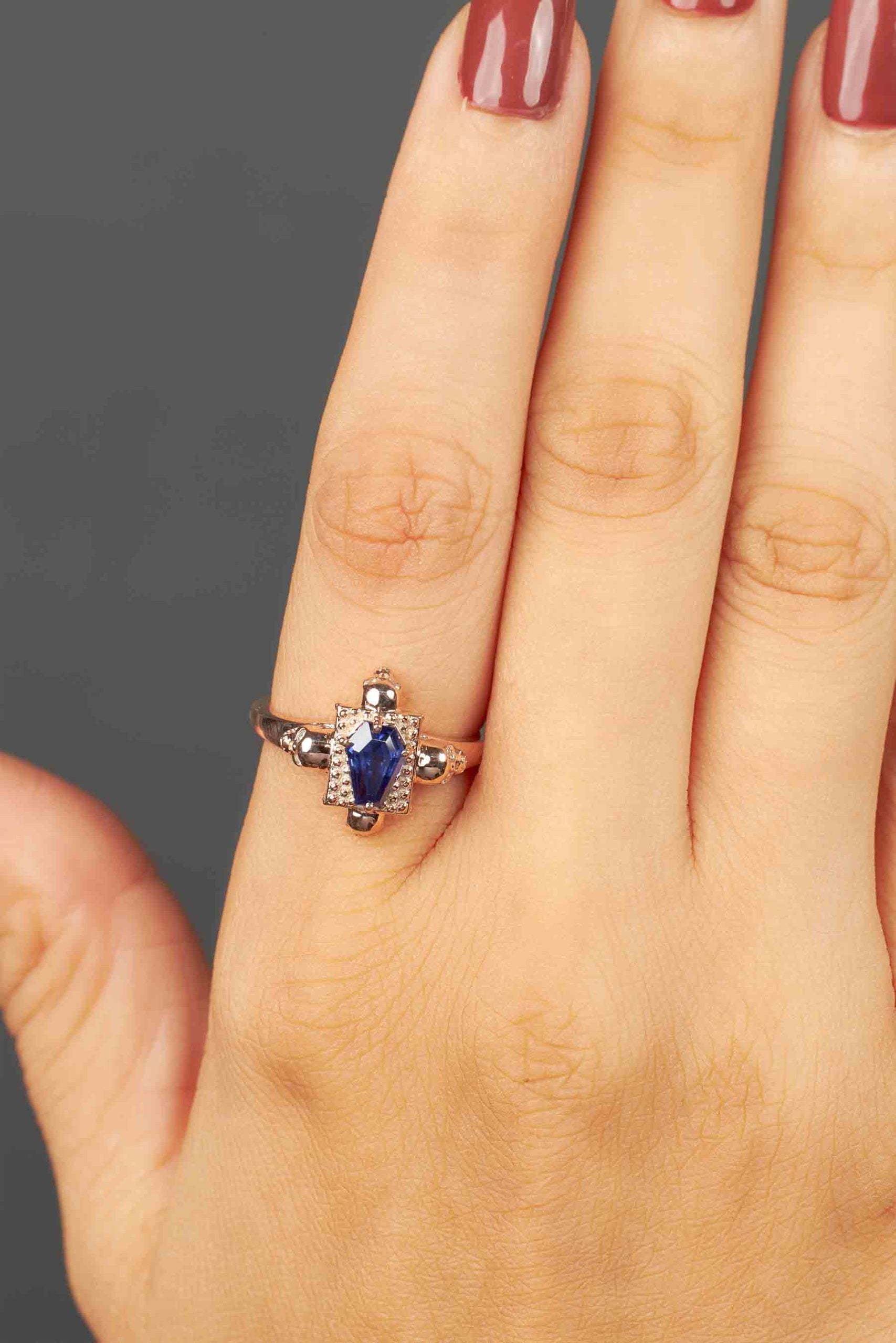Skull Coffin Ring for Women Rose Gold Gothic Engagement Rings Blue Gemstone