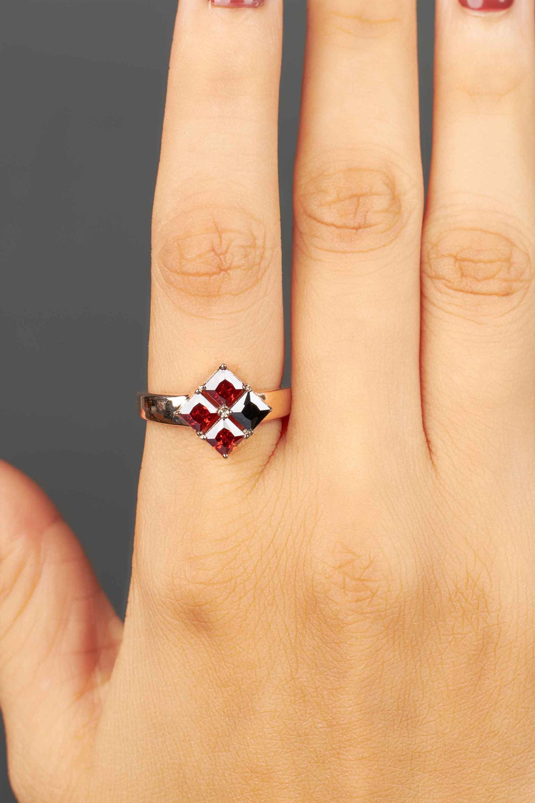 Princess Cut Engagement Ring Red Garnet and Black Spinel Natural Gemstone Rose Gold Gothic Promise Wedding