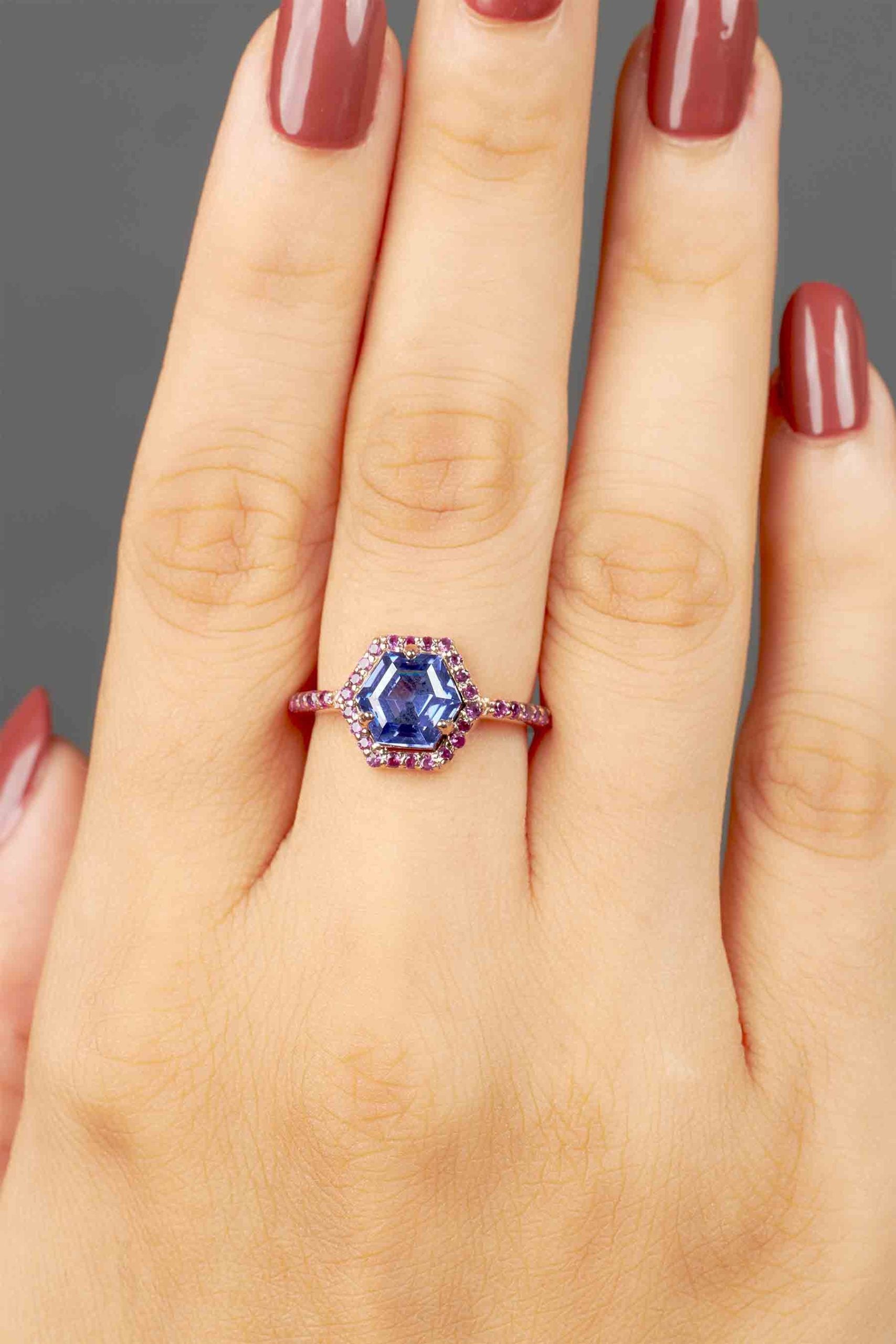 Hexagon Titanic Gemstone Ring Halo Cocktail Engagement Rings