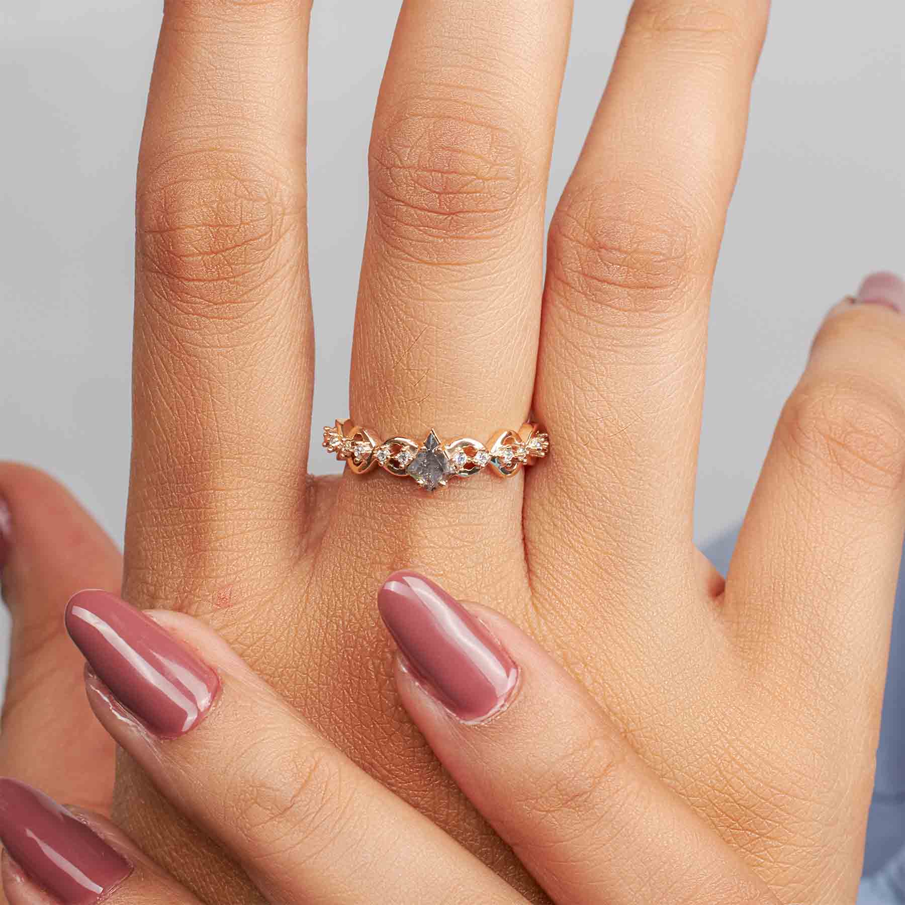 Kite Cut Milky Salt and Pepper Diamond Vine Engagement Ring