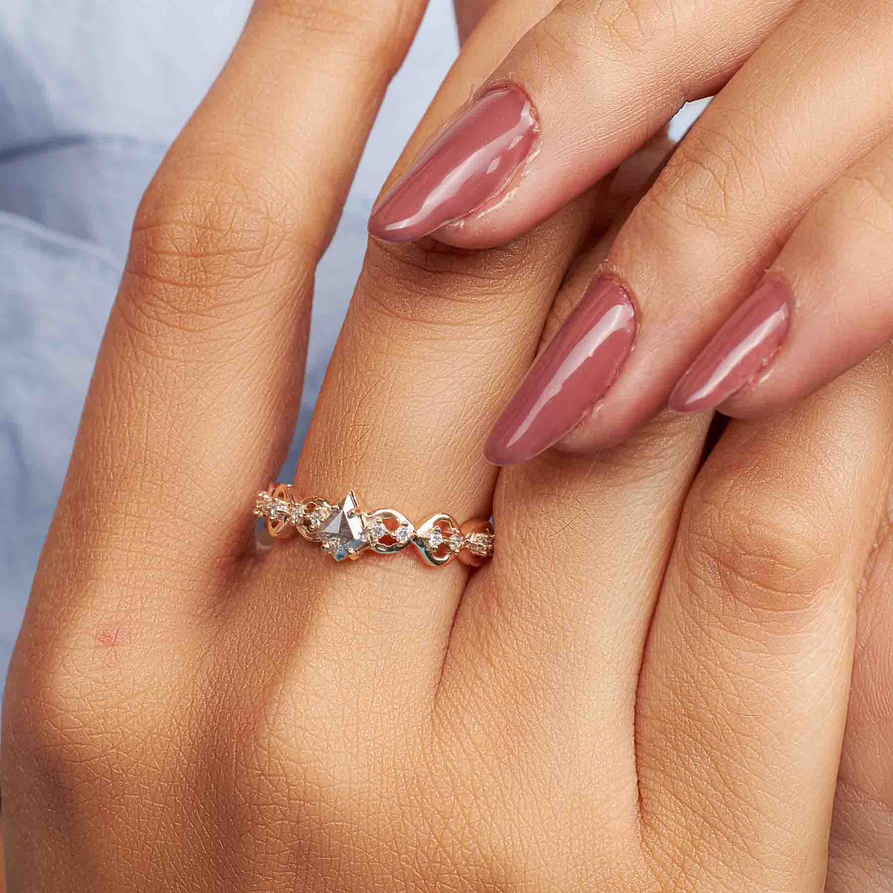 Kite Cut Milky Salt and Pepper Diamond Vine Engagement Ring