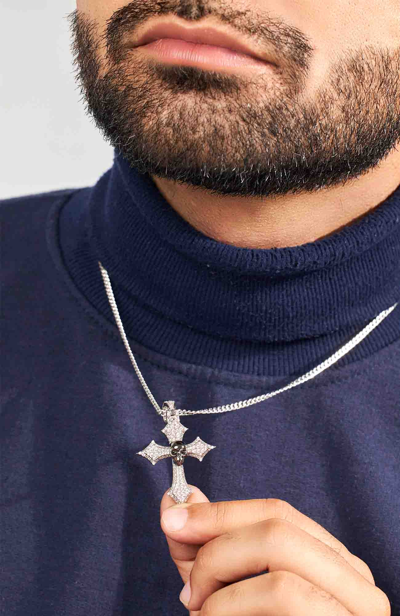 Iced Out Skull Cross Pendant Necklace Halloween Jewelry Sterling