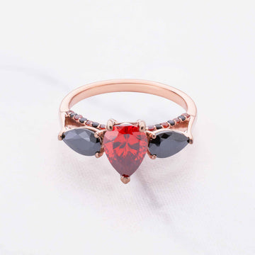Pear Cut Engagement Rings Red and Black Natural Gemstone 3 Stone Rose Gold Cocktail Statement Gothic Style