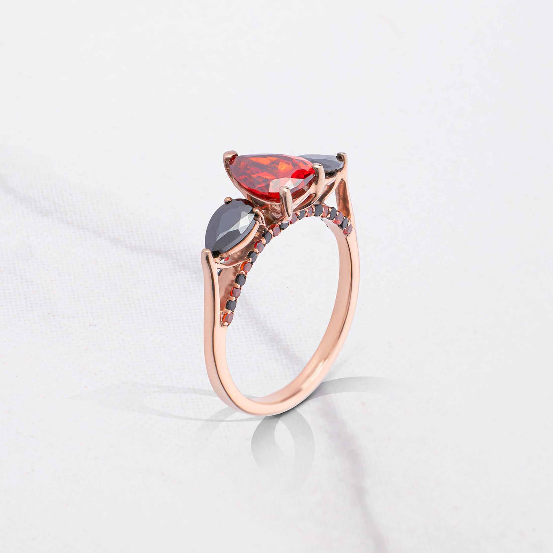 Pear Cut Engagement Rings Red and Black Natural Gemstone 3 Stone Rose Gold Cocktail Statement Gothic Style