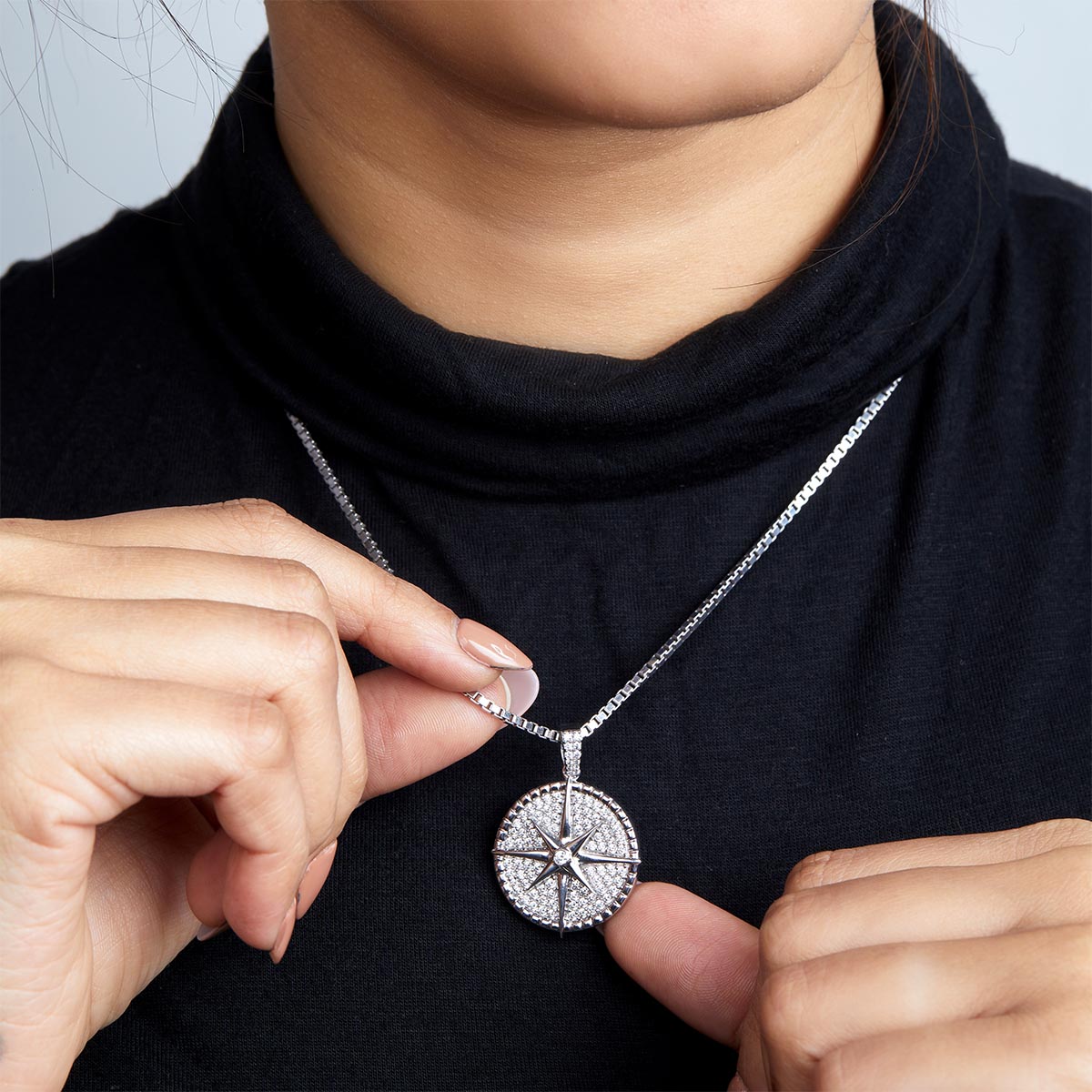 Iced Out Compass Pendant Necklace Nautical Hip Hop Jewelry Sterling Silver Cubic Zirconia Diamond