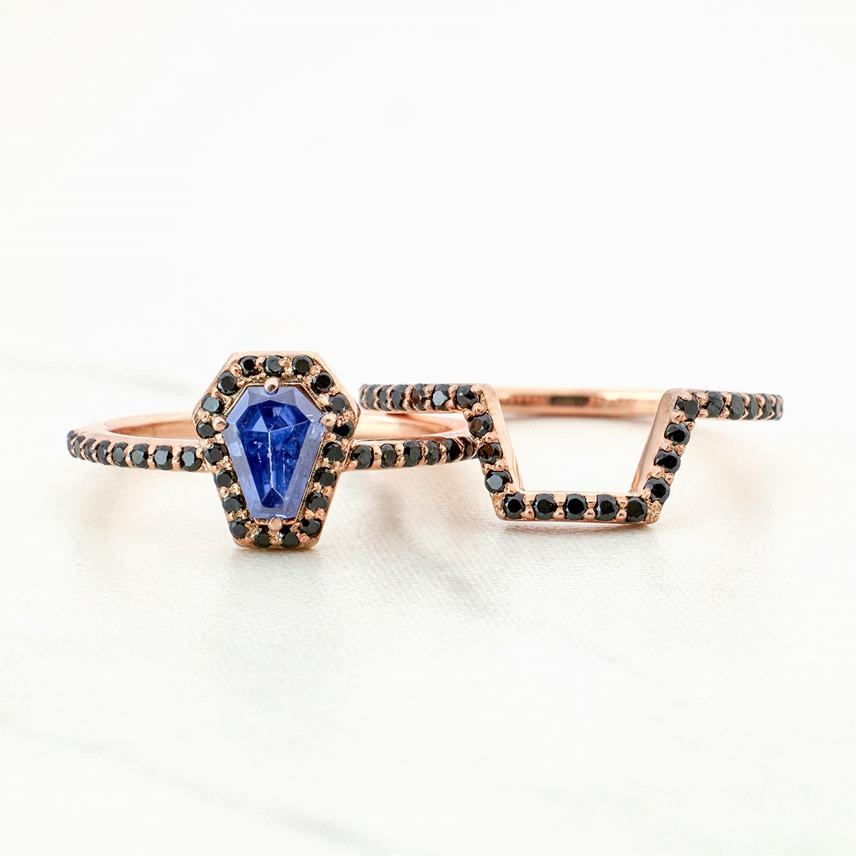 Halo Coffin Bridal Ring Set Blue Titanic Gemstone Engagement 14k Rose Gold