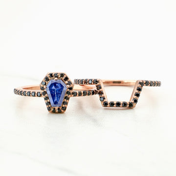Halo Coffin Bridal Ring Set Blue Titanic Gemstone Engagement 14k Rose Gold