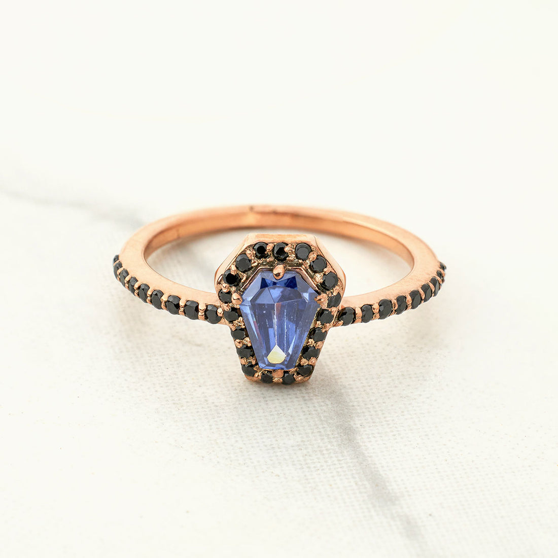 Halo Coffin Cut Engagement Rings for Women Gothic Blue Gemstone Sterling Silver