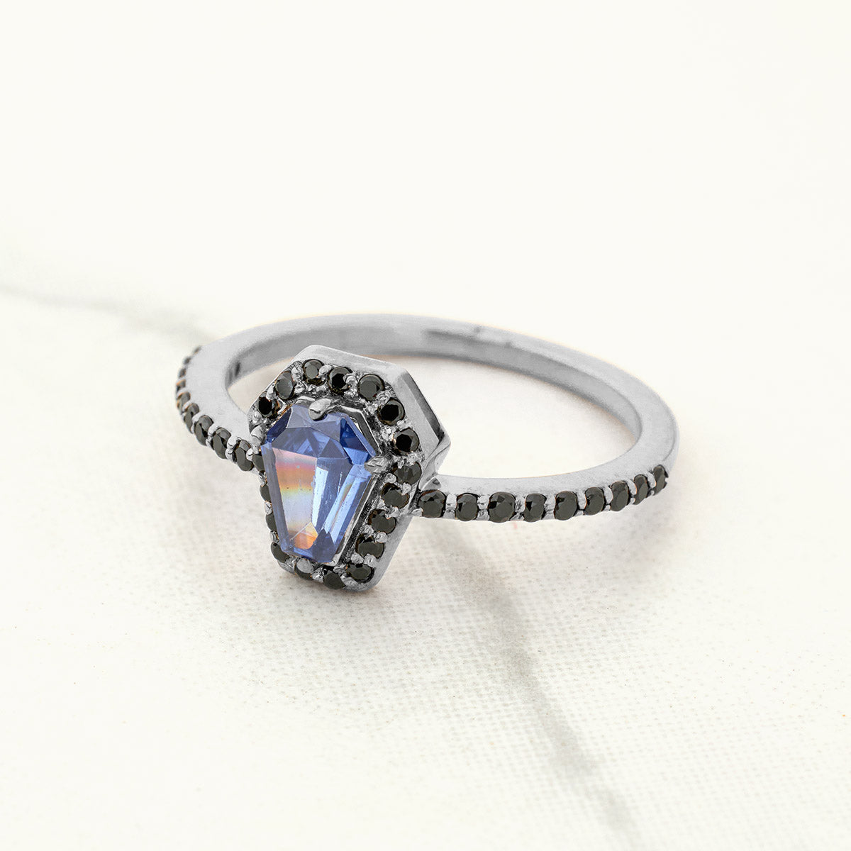 Halo Coffin Cut Engagement Rings for Women Gothic Blue Gemstone Sterling Silver