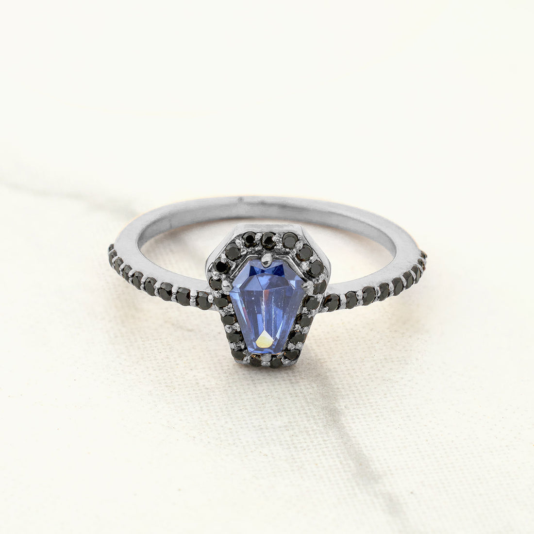 Halo Coffin Cut Engagement Rings for Women Gothic Blue Gemstone Sterling Silver
