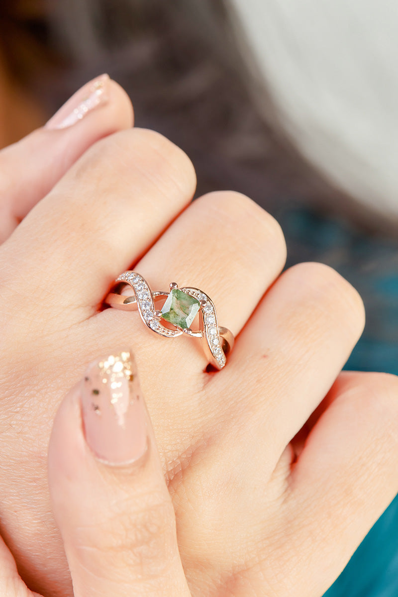 Natural Moss Agate Promise Ring Princess Cut Engagement Ring