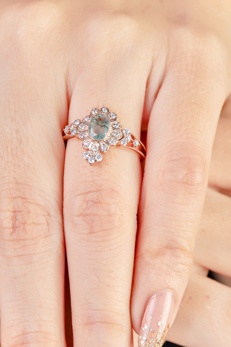 Moissanite And Moss Agate Engagement Ring