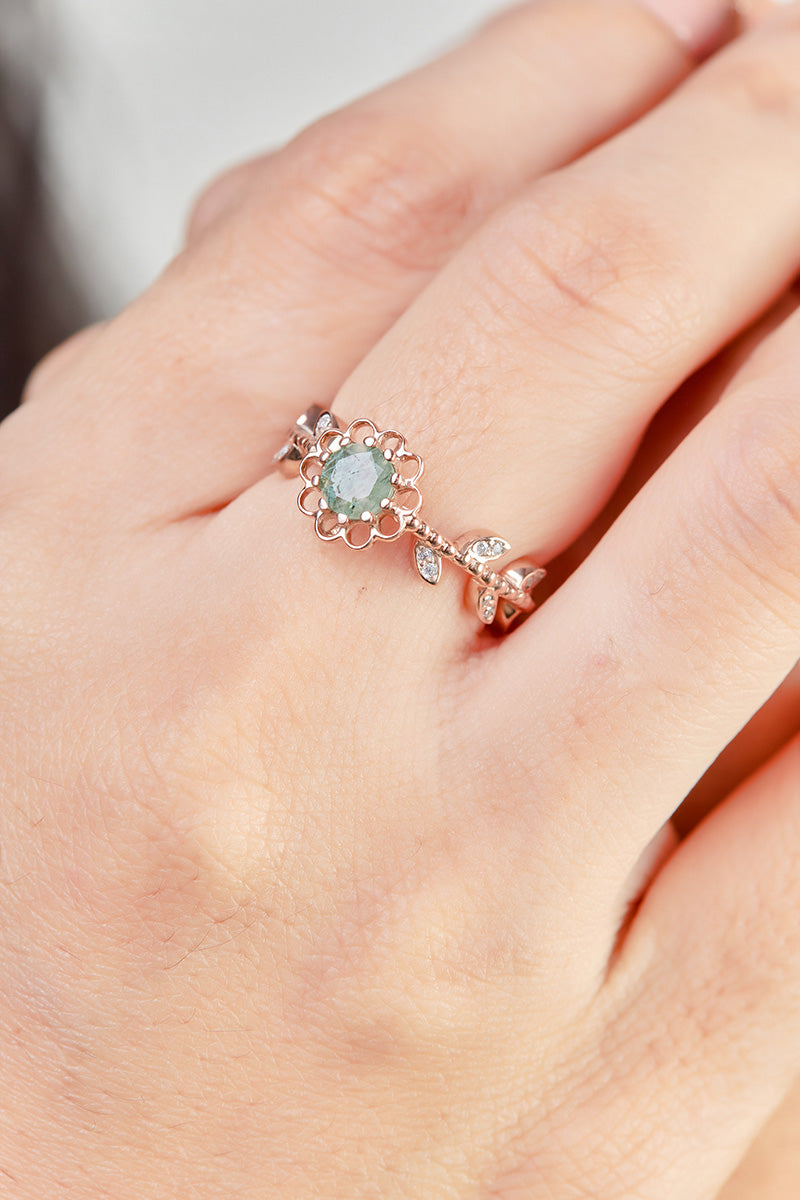 Moss Agate Flower Engagement Ring Set