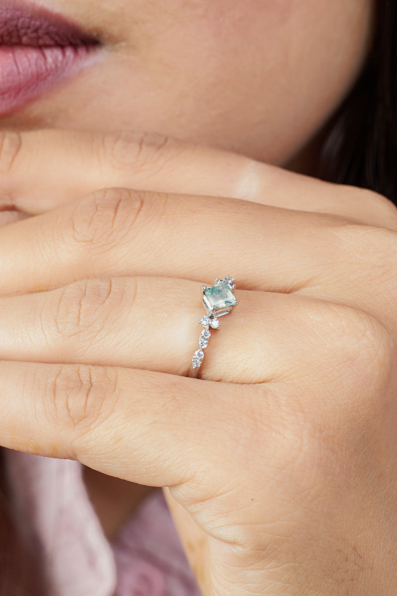 Princess Cut Moss Agate Promise Ring